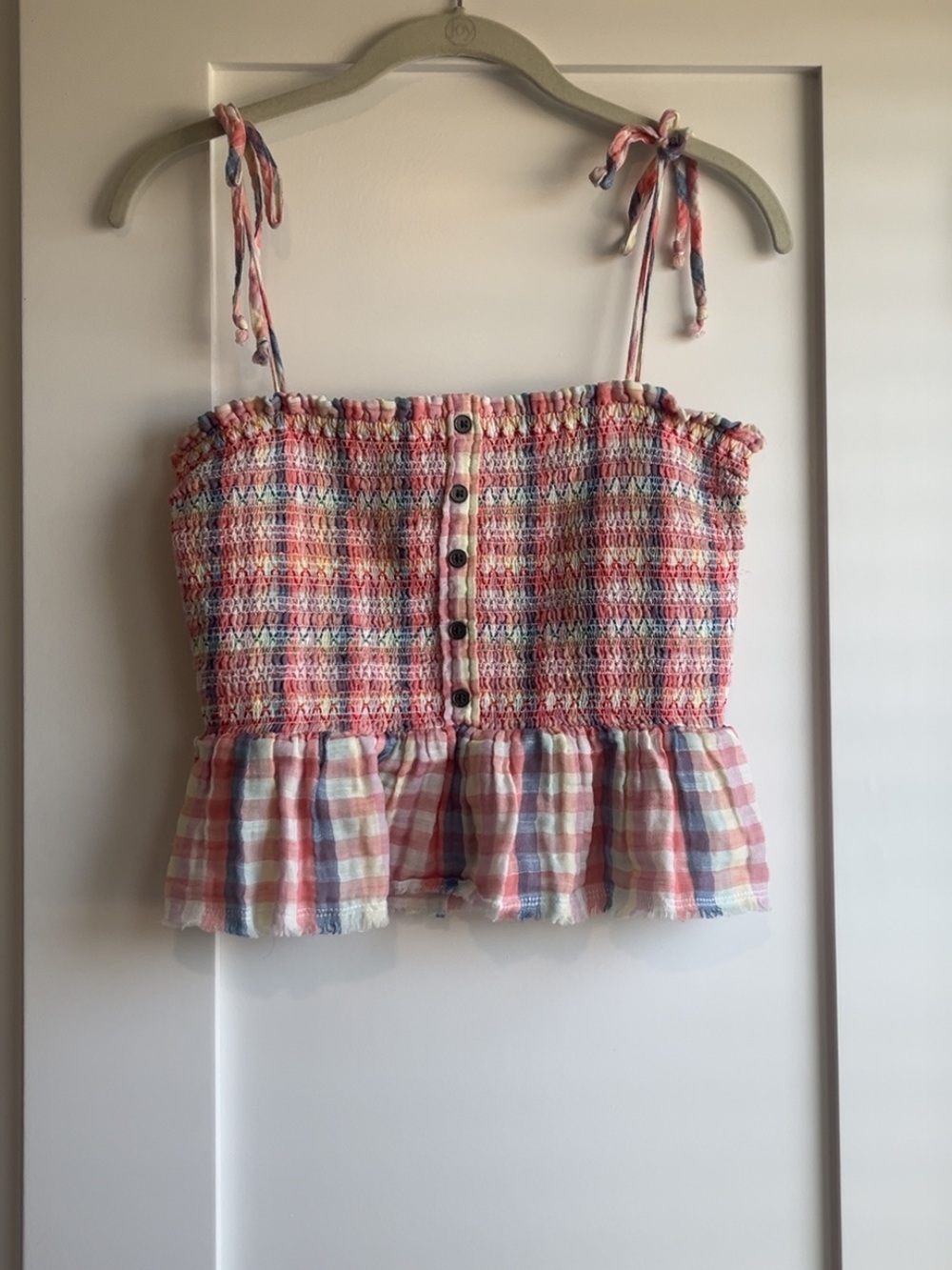 True Craft Pastel Plaid Smocked Tie-Shoulder Peplum Top